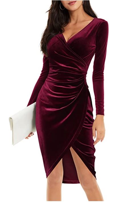 HUHOT Womens Wrap V Neck Long Sleeve Split Wrap Velvet Elegant Bodycon Ruched Cocktail Party Midi Dress in wine red