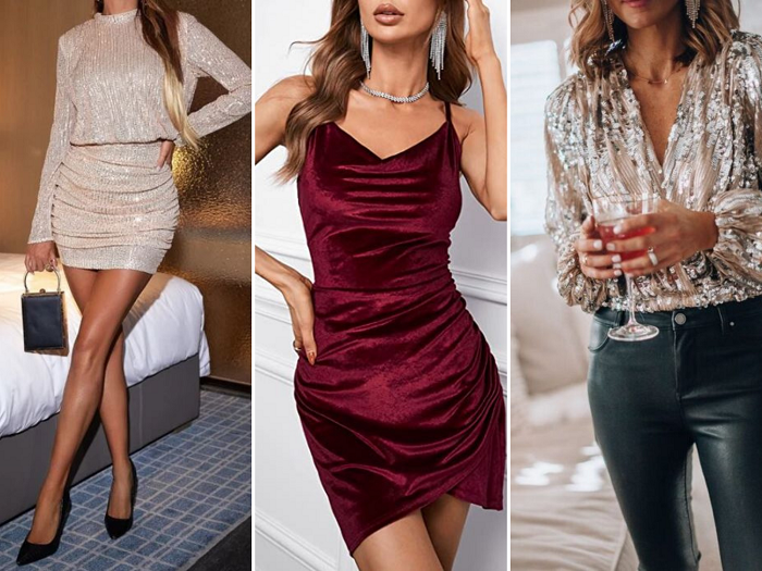 New Year's Eve outfit ideas with dresses, pants, and sequin skirts