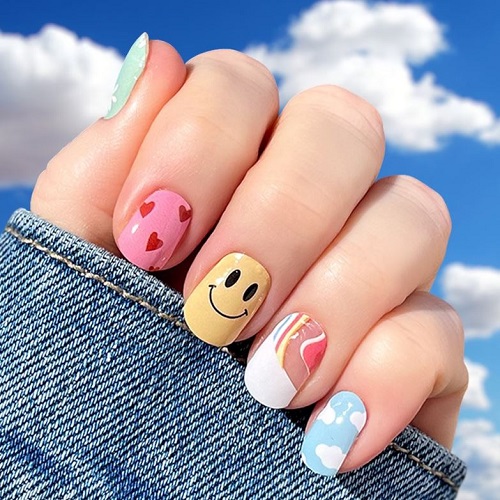 Cute Summer Nail Decals with Hearts, Smiley Face, and Clouds