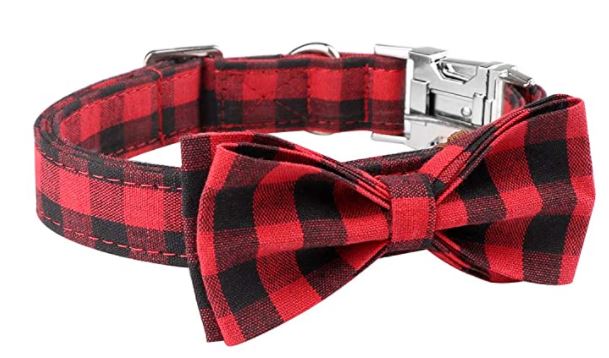 dog Christmas collar with red and black plaid bow