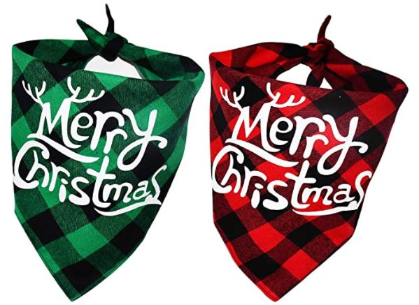 dog Christmas scarf with red and green plaid bandanas