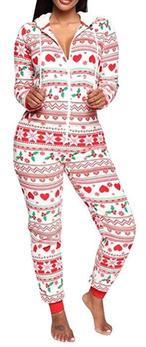 Roselux Women Fleece Pajamas Onesie Christmas One Piece Pajamas Lounge Wear Adult Onesie with Hood Sleepwear for Christmas with mistletoe