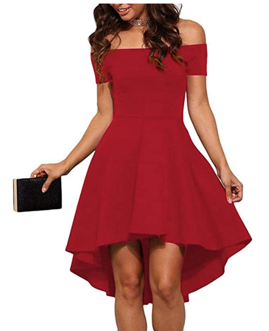 off the shoulder short sleeve high low cocktail skater dress in red