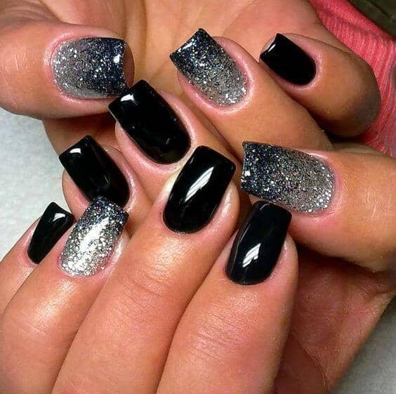 black and silver New Year's Eve nails
