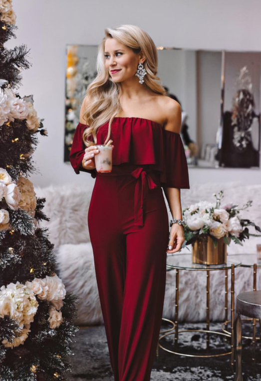 classy red jumpsuit for Christmas party outfit