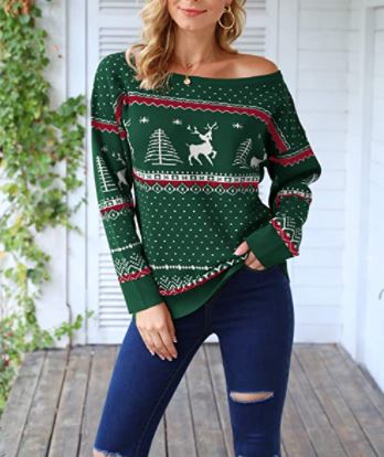 cute green off the shoulder Christmas sweater