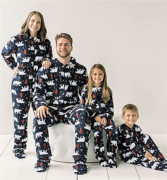 matching footed Christmas onesies with polar bears for the family