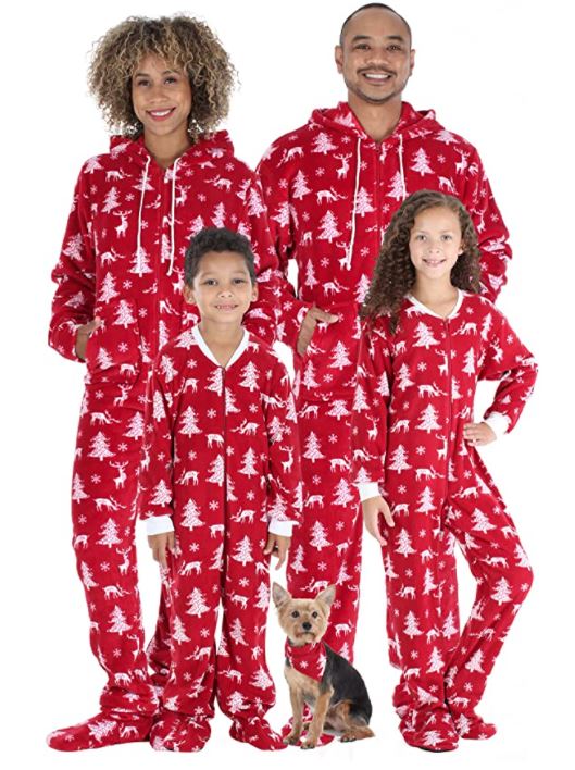 red Christmas onesie footed pajamas with Christmas trees for the family