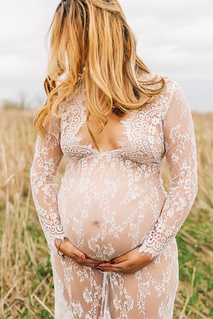 Boho Maternity Dress with Long Sleeves and Lace