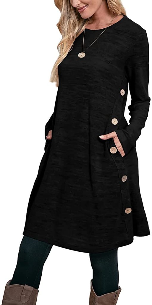 OFEEFAN Long Sleeve Sweater Dress with Pockets and Buttons
