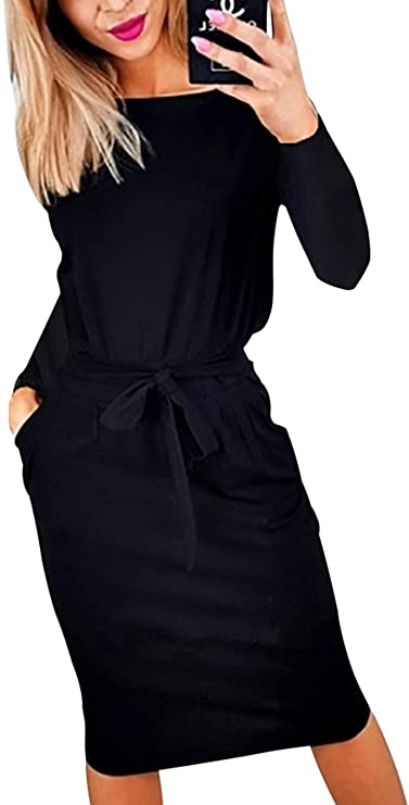 PRETTYGARDEN Women's Casual Long Sleeve Party Bodycon Sheath Belted Dress in Black