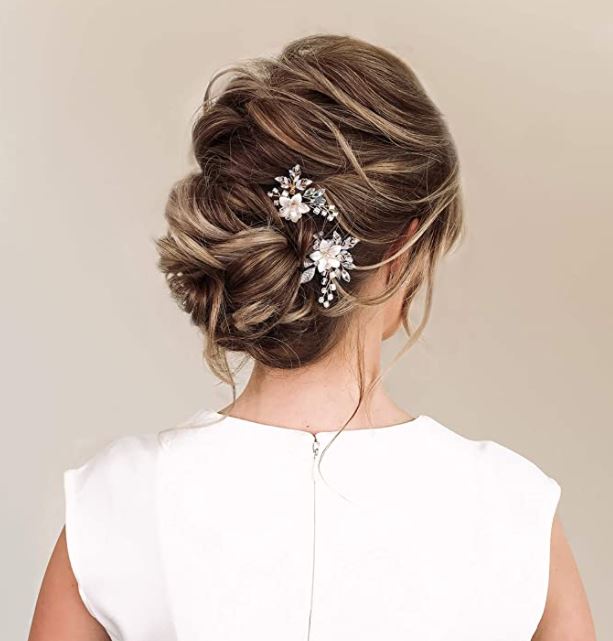 SWEETV 2Pcs Handmade Wedding Hair Pins,Flower Bridal Hair Pin-Beaded Wedding Hair Accessories for Brides