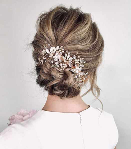 SWEETV gold wedding hair clip with pearls and flowers