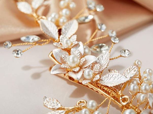 SWEETV gold wedding hair clip with pearls