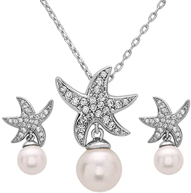 bridal starfish and pearl necklace and earrings set