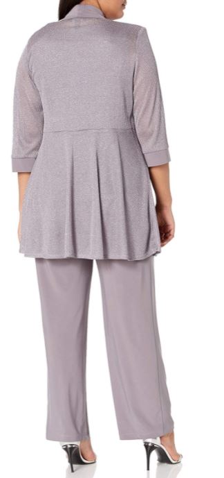 elegant and slenderizing plus size mother of the bride and groom grey/silver pants suit