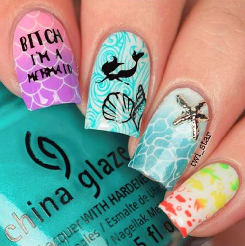 funny cruise nail designs with mermaids and starfish