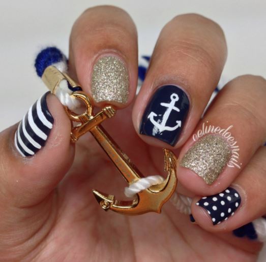 navy blue and gold sailor cruise nail designs