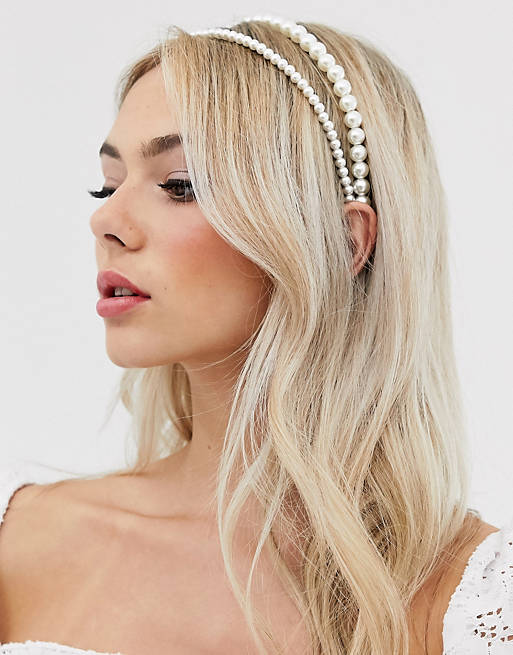 bridal headband with two sets of pearls