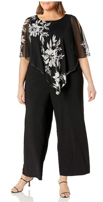 plus size pants suit for beach wedding with floral design in black and white