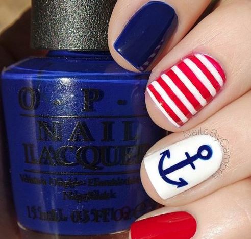 red, white, and blue nautical cruise nail designs