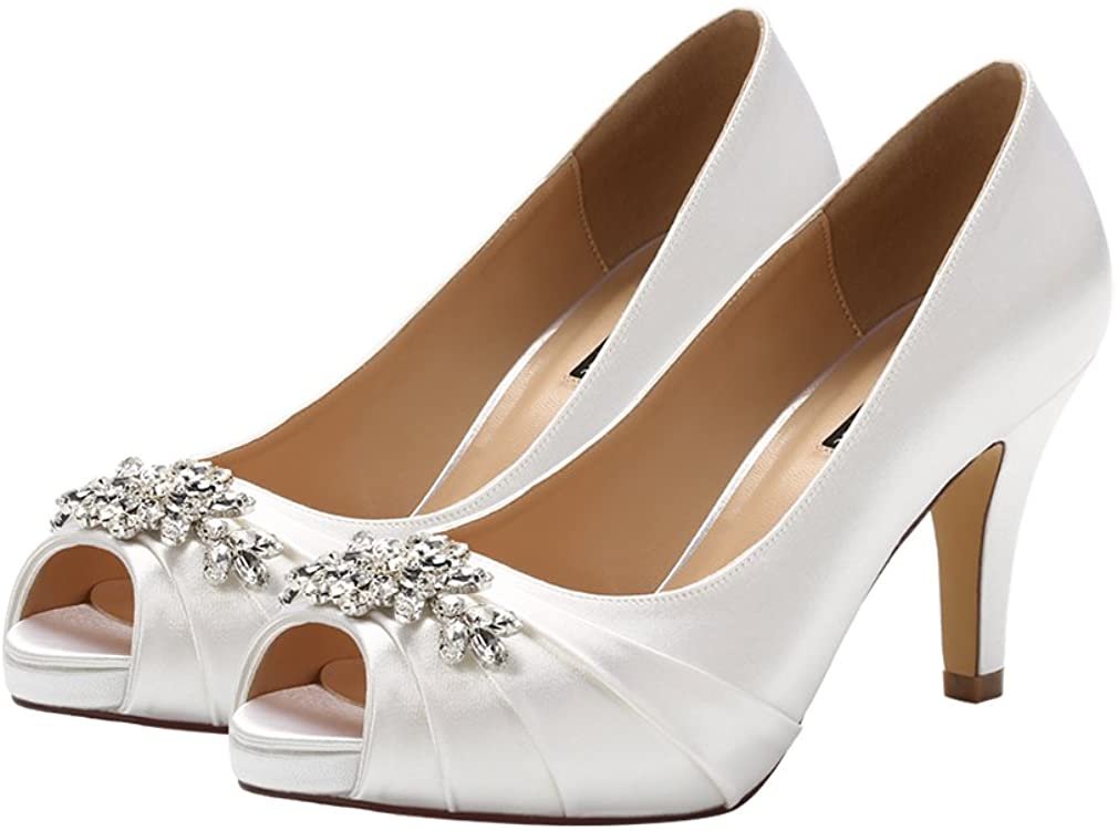 ERIJUNOR Peep Toe Mid Heels for Woman Rhinestones Satin Evening Prom Wedding Shoes