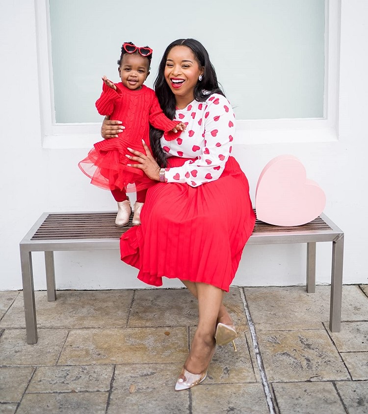 cute valentines day outfit for mom and daughter with red skirt