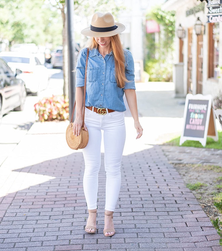cute spring outfit idea with white jeans and a hat