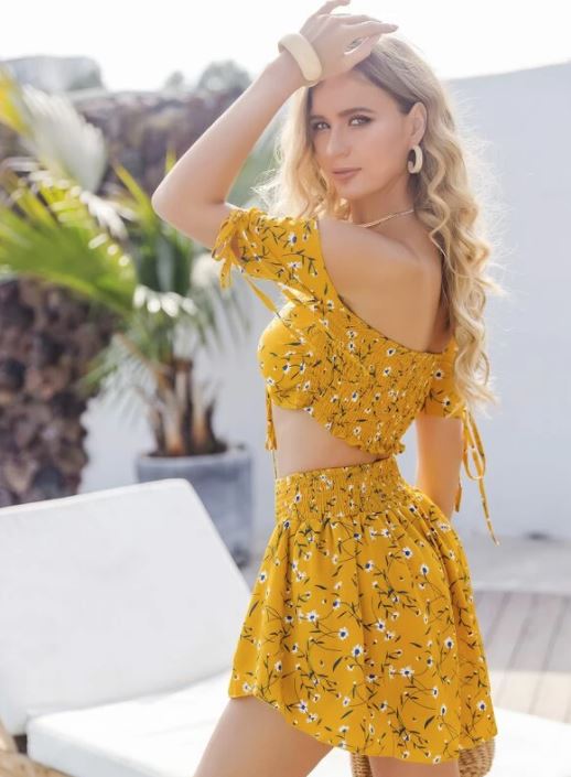 yellow floral off the shoulder strapless romper by SheIn