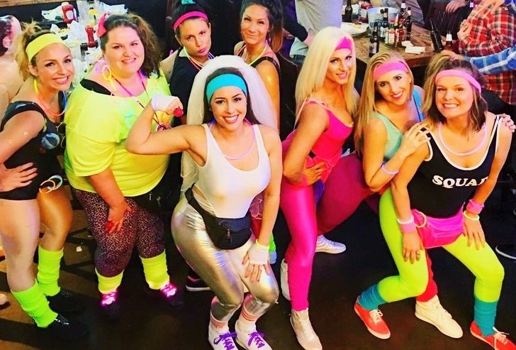 80s Bachelorette Party Outfits with Bride Squad Shirts