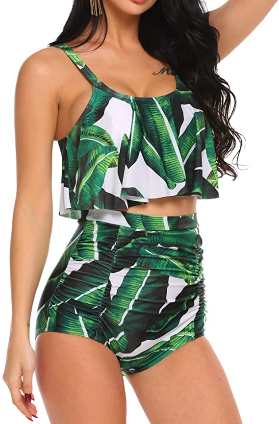 Adome cute green tropical and floral high waist bikini with flounce top
