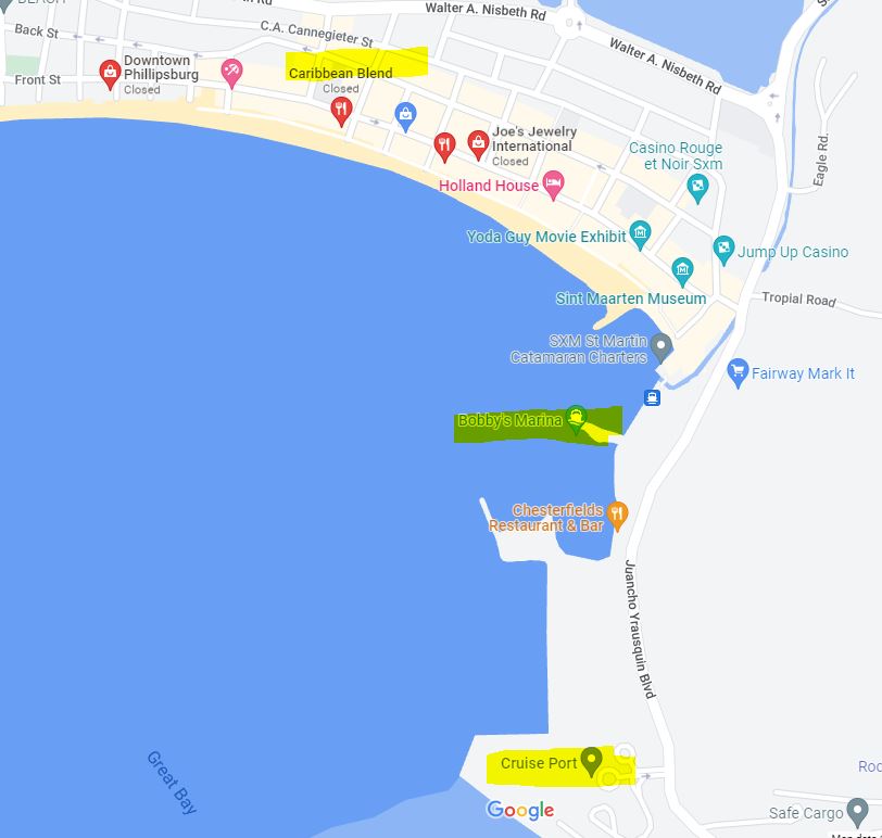 Philipsburg, St. Maarten Cruise Port Map with Water Taxi and Downtown
