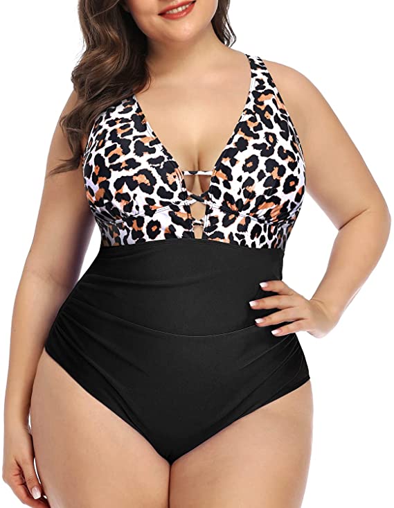 Yonique one piece swimsuit to hide back fat and tummy control with leopard print
