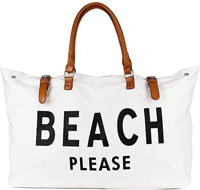 Beach Please white canvas beach bag with snap closure