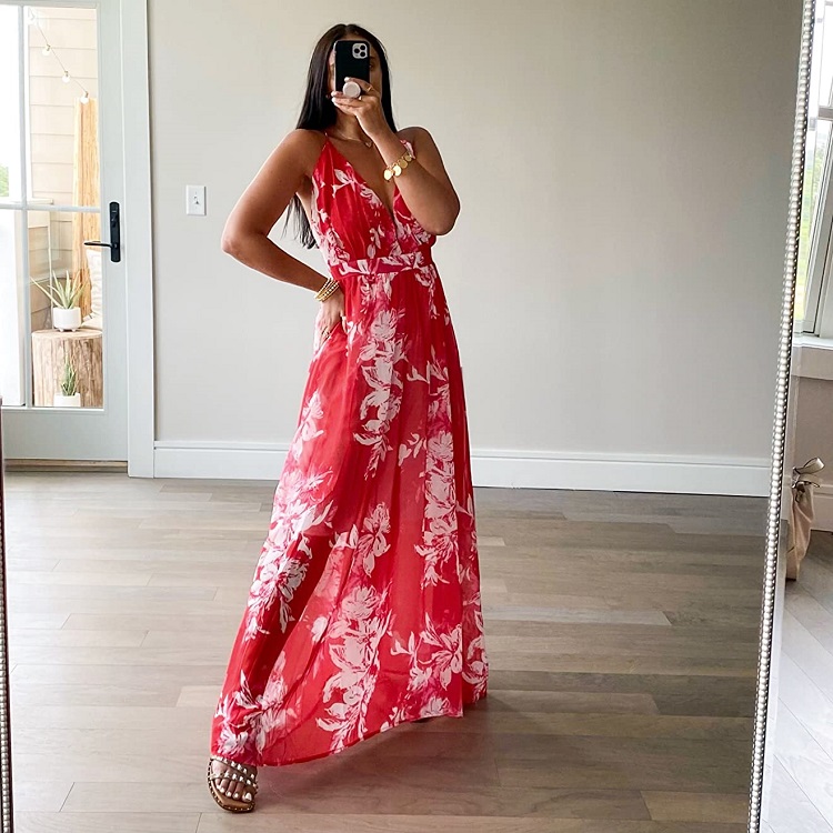 beach vacation dinner outfit and resort wear dinner maxi dress in red