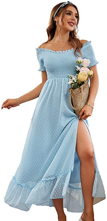 Blue Cute Spring Wedding Guest Dress with Off the Shoulder Sleeves