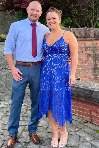 Blue Fall Wedding Guest Dress with Lace and Tan Heels