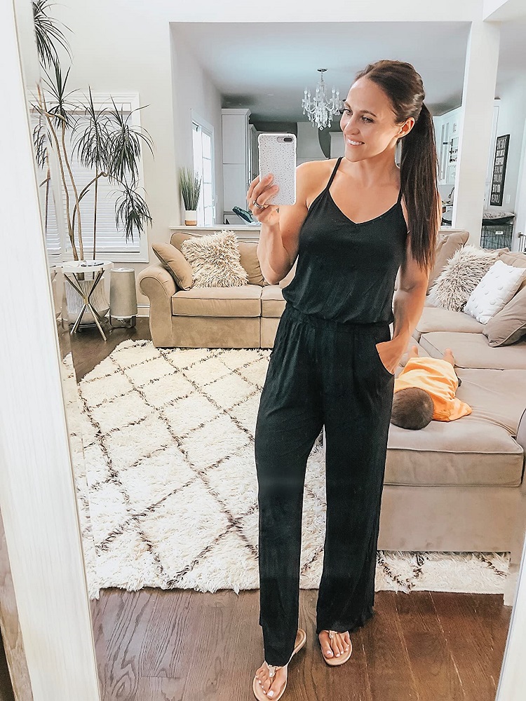 casual black jumpsuit outfit with sandals