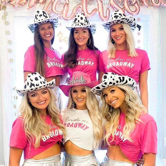 Cute Cowgirl Bachelorette Party Outfits with Pink Matching Cowgirl Shirts
