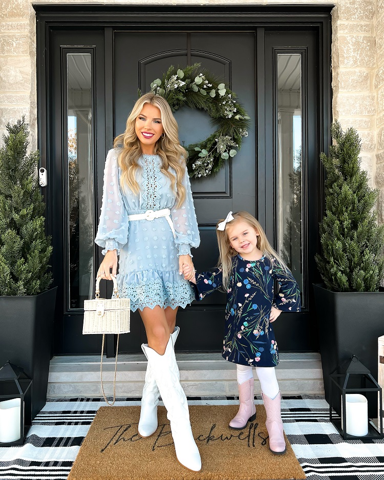 Cowgirl Blue Ruffle Easter Sunday Dress Outfit with White Boots