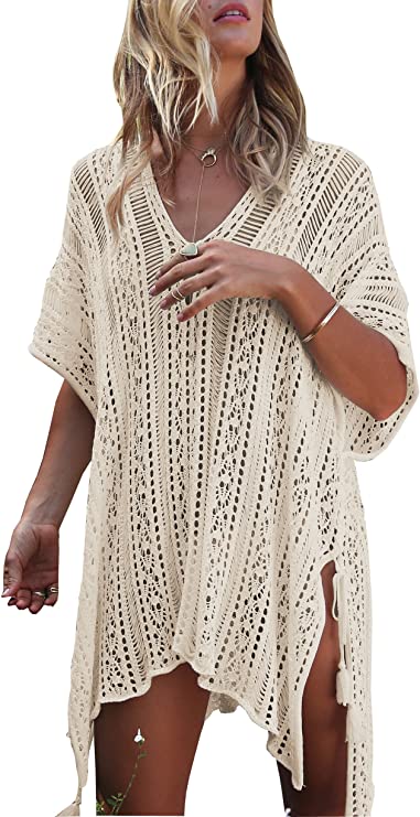 crochet cream cover up with v neck by Wander Agio
