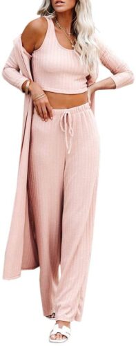 crop top, pants, and cardigan loungewear set in pink 