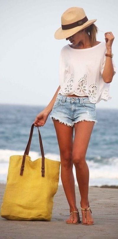 cute beach outfit with jean shorts and crop shirt