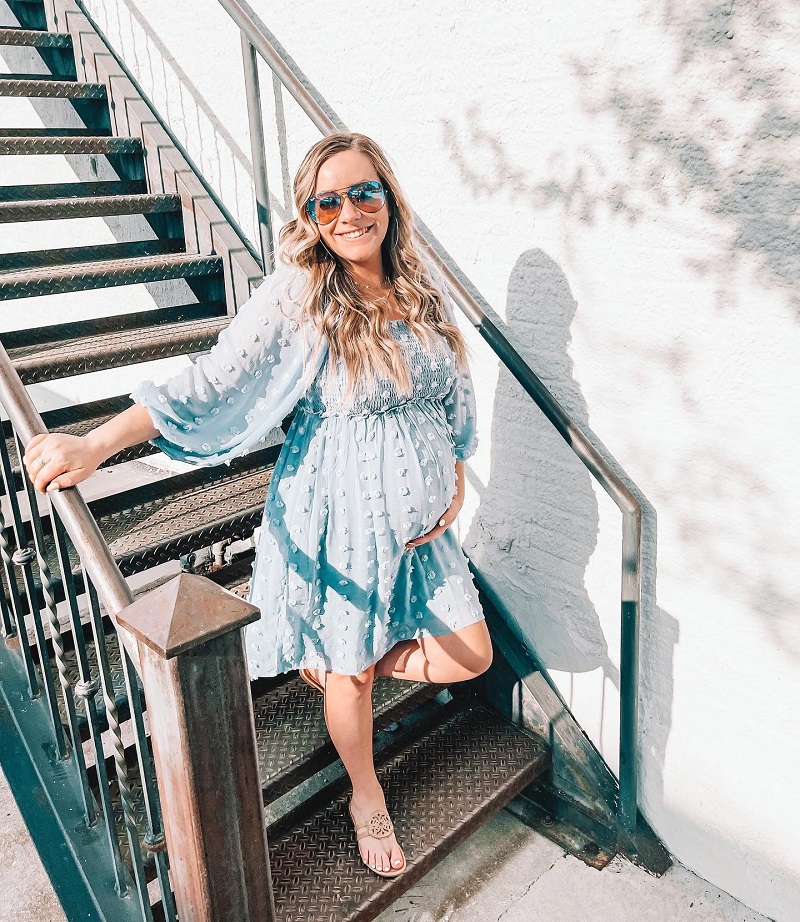 Cute Spring Maternity Outfit with Blue Dress and Sandals