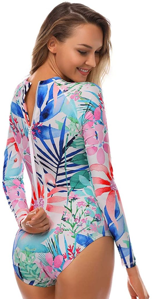 cute white, pink, and blue zip up rash guard by AXESEA