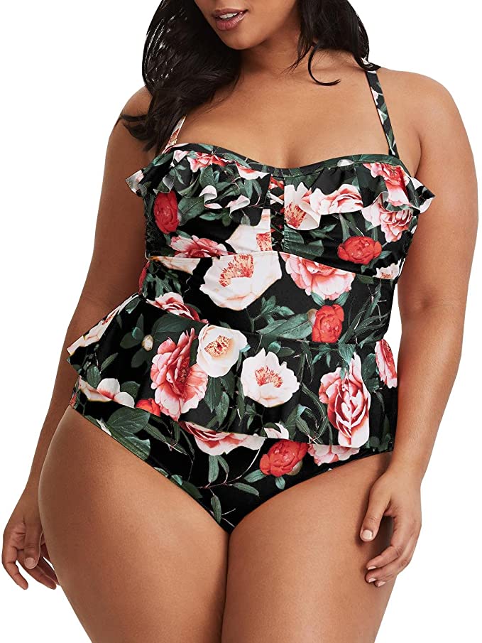 cute plus size tankini with ruffles by Tutorutor and floral print
