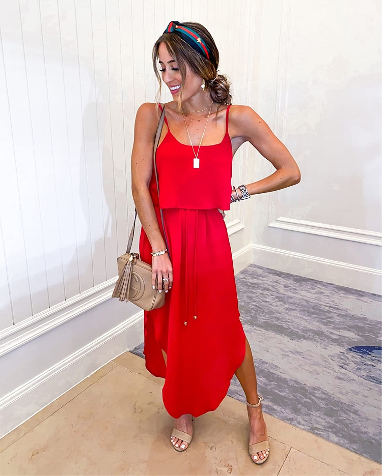 cute summer outfit with red midi dress and headband