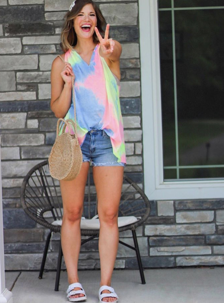cute teen girl summer outfit with shorts and tie dye tank