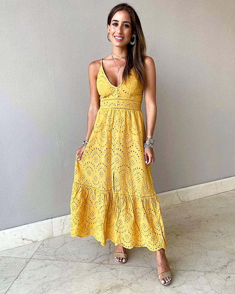 cute summer outfit with yellow maxi dress and heels