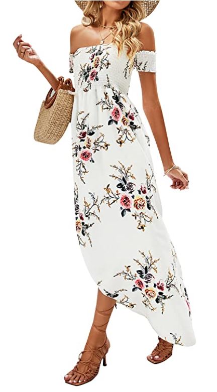 cute white off shoulder dress and beach vacation outfit